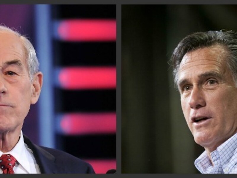 Ron Paul (links) en Mitt Romney zijn de koplopers in Iowa.