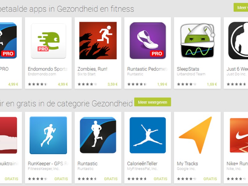 Een overzicht van gezondheidapps in de Playstore.