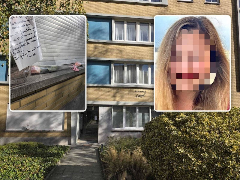 In het gele gebouw langs de Gabriël Emile Lebonlaan in Oudergem werd voormalige advocate Elvira S. (inzet) doodgestoken. Er werden ook al bloemen neergelegd aan het gebouw.