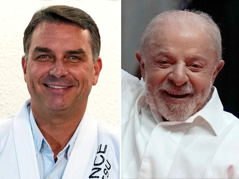 Huidig Braziliaans president Luiz Inacio Lula da Silva (rechts) en zijn uitdager Flávio Bolsonaro, de zoon van oud-president Jair Bolsonaro.