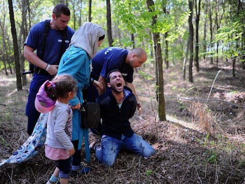 De vader van een migrantengezin wordt nabij de Hongaars-Servische grens gearresteerd, in augustus 2015.