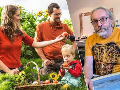Links: Laura en Bengt met de kinderen in de velden van Groentegem. Rechts: Paul De Doncker in zijn atelier.