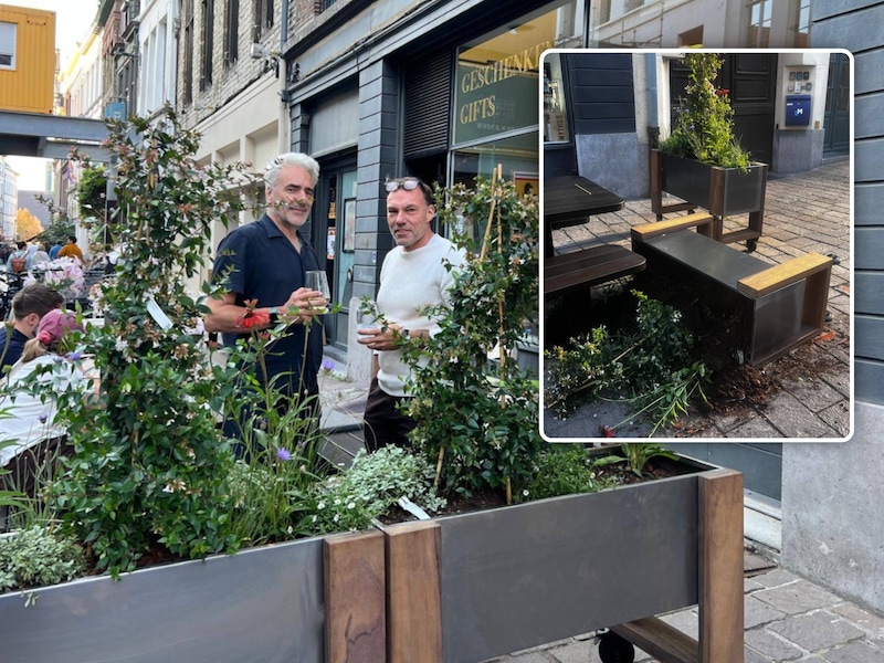 Zaakvoerder Ief Stuyvaert en ontwerper Jonas Willems bij de nieuwe bloembakken in Gent. Inzet: Gloednieuwe bloembak tegen de grond.