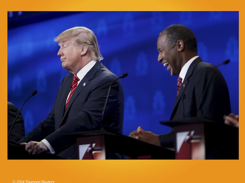 Donald Trump en Ben Carson op een debat in Boulder (Colorado). Archieffoto 28 oktober 2015.