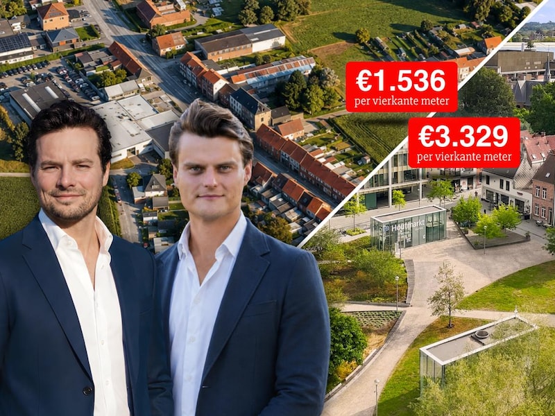 De Houtmarkt (rechtsonder) is dubbel zo duur als de armste wijk, de Sterhoek in Aalbeke. Laurent Poulain en Artiom Sergeyevich van Leonards Immobiliën geven duiding bij de cijfers in Kortrijk.
