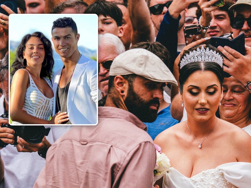 Bruid Fatima bij haar aankomst, omstuwd door fans van... Ronaldo (inzetje).
