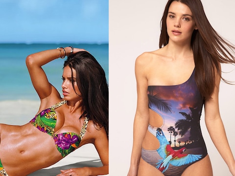 Een bikini met drukke print van Victoria's Secret en sexy asymmetrisch badpak van Asos.com.