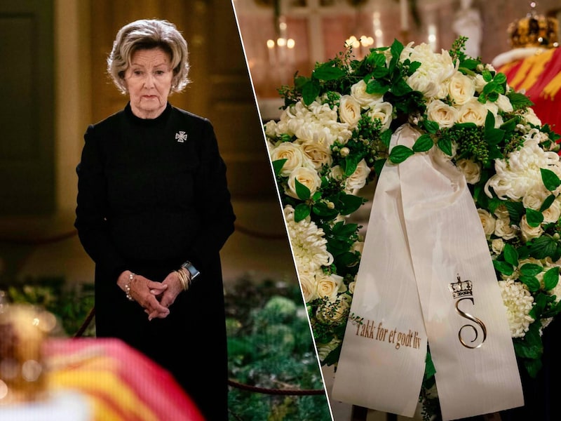 De Noorse koningin Sonja brengt een groet aan de kist van haar overleden echtgenoot koning Harald.