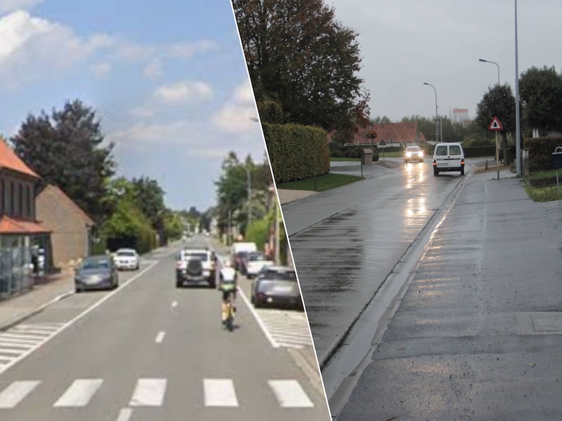 De Stationsstraat in Oostrozebeke., De Nieuwstraat in Oostrozebeke heeft geen fietspad.