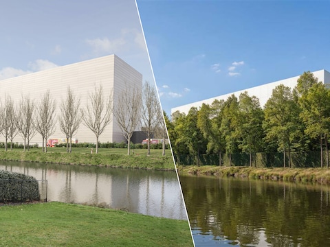 Twee simulatiebeelden van de loods van Versele: hoe het er zal uitzien volgens Red het Leielandschap en hoe het er zal uitzien volgens Versele. Bij Versele benadrukt men dat er geen vrachtwagens voor het gebouw zullen rijden. 