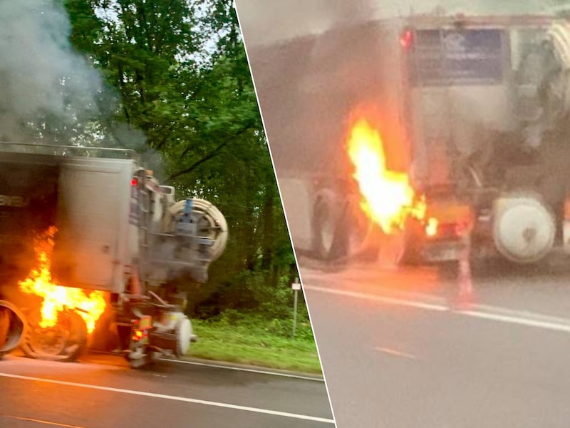 Defecte remmen zetten vrachtwagen in brand in Tielt-Winge