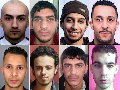 Combinatie van foto's van terroristen achter de aanslagen in Parijs.