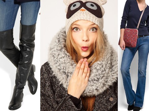 Laarzen van Jimmy Choo, bonten sjaal bij Asos.com, aktetas met dierenprint van Mango.