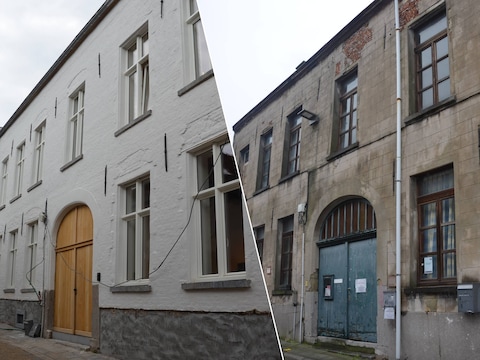 Het beschermd poortgebouw van het Sint-Jorishof in de Sint-Joristraat in Ninove voor en na de restauratie.