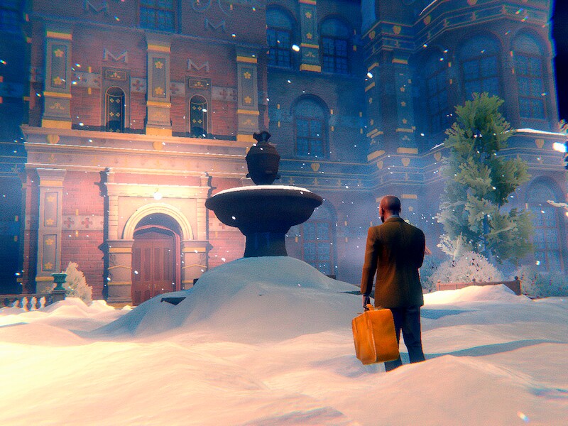 Een jonge Hercule Poirot voor de deur van het ondergesneeuwde Van den Bosch-landhuis. Hier zou het dan zijn begonnen voor de Brusselse detective, zegt deze game.
