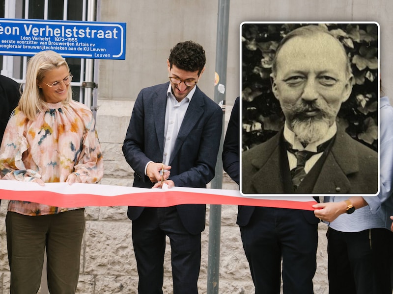 Burgemeester Mohamed Ridouani (Vooruit) kreeg de eer om het lintje door te knippen. Inzet: legendarische voorzitter van brouwerij Artois Léon Verhelst.