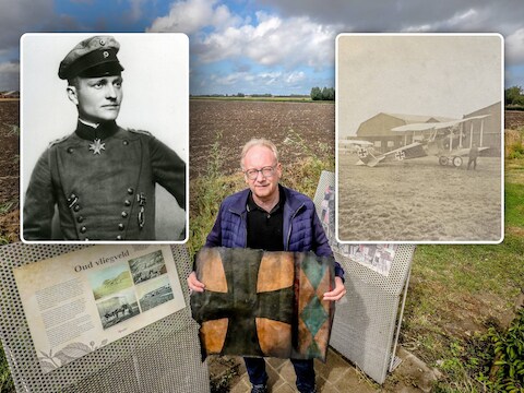 Historicus en heemkundige Filip Debaillie op de site waar het vliegveld zich bevond (inzet rechts). Ook Manfred von Richthofen (inzet links), alias de Rode Baron, begon er als waarnemer in een bommenwerper. Hij zou de meest succesvolle gevechtspiloot van de Eerste Wereldoorlog worden.