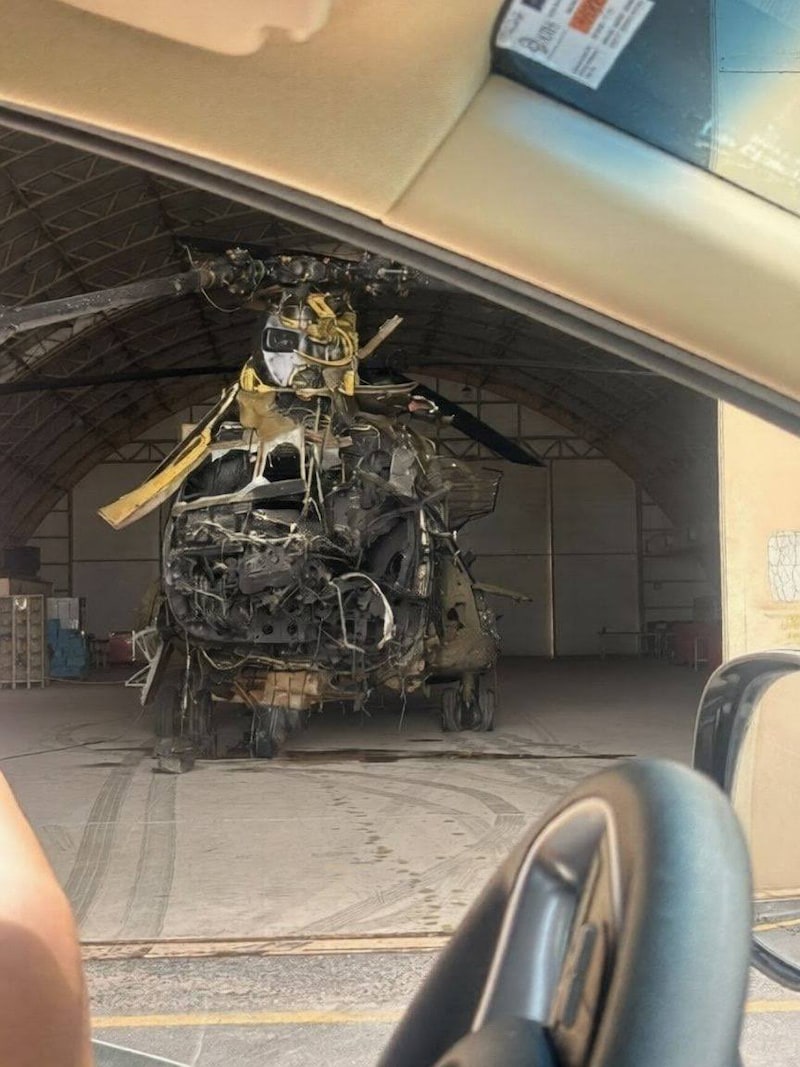 A destroyed Boeing CH-47F Chinook at Camp Buehring in Kuwait.