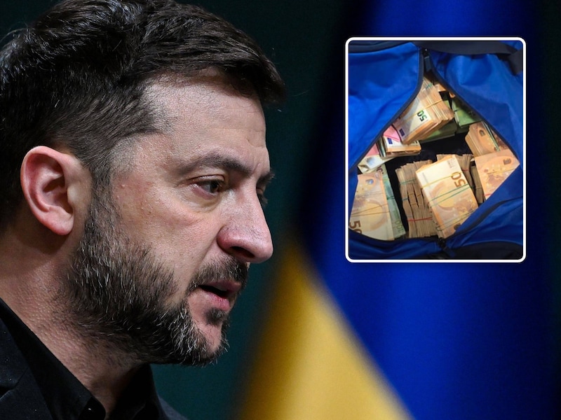 De Oekraïense president Volodymyr Zelensky en geld dat in beslag genomen werd bij een huiszoeking in het kader van Operatie Midas.