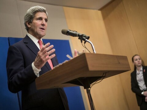 De Amerikaanse minister van Buitenlandse Zaken John Kerry in Jeruzalem.