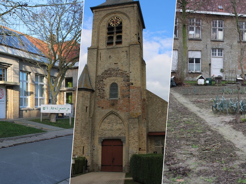 Drie beeldbepalende plaatsen in Hoogstade: gemeenschapszaal ‘t Ateljeetje, de Sint-Lambertuskerk en de site van de voormalige pastorie.
