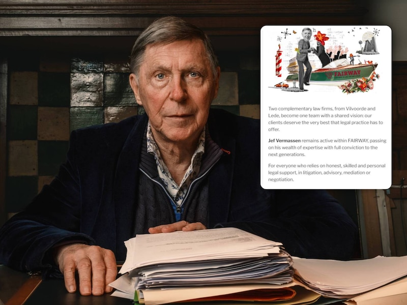 Advocaat Jef Vermassen in zijn kantoor in Lede. Kadertje: zo werd de overname aangekondigd op de website van Fairway.