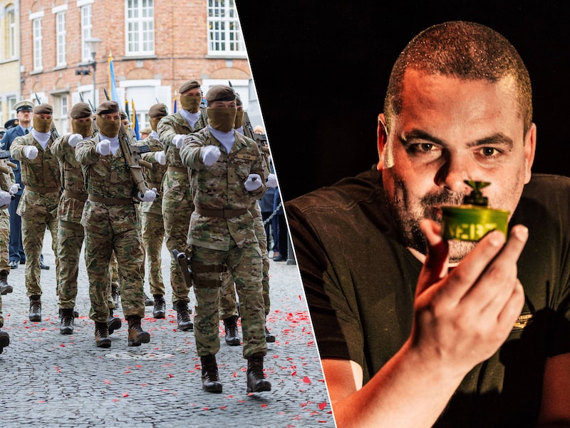 Links: Belgische soldaten marcheren tijdens de herdenking van de Eerste Wereldoorlog in Ieper afgelopen dinsdag. Discipline die jongeren tegenwoordig wel zouden kunnen gebruiken, meent comedian en ex-militair Yannick Noben (rechts).