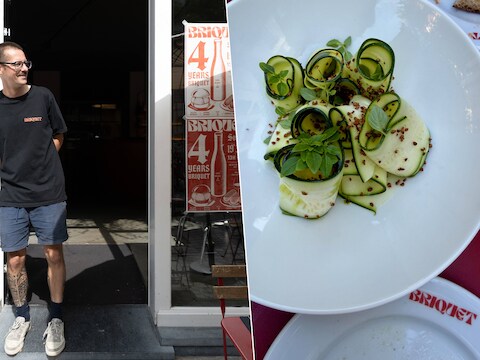 Louis Devos, een van de eigenaars van Briquet. / Courgettesalade met ricotta en basilicum bij Briquet.