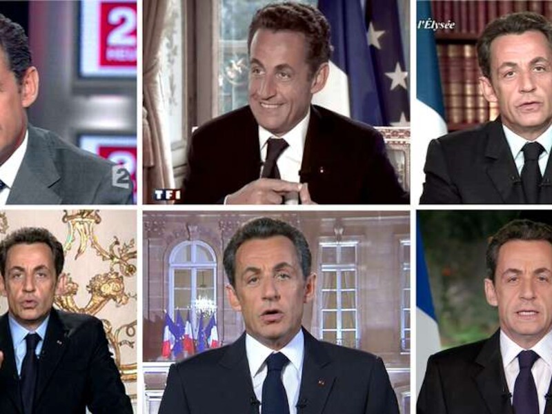 Een collage van Sarkozy in 2005, 2007, 2008, 2009, 2010 en 2011.