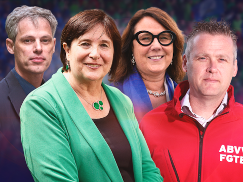 Van links naar rechts: Raf De Weerdt (ABVV), Ann Vermorgen (ACV), Katrien Allaert (ACLVB) en Bert Engelaar (ABVV).