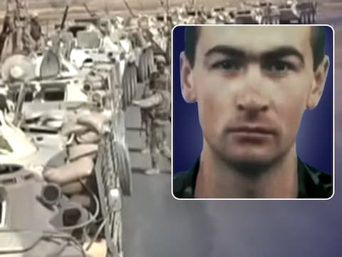 Oekraïense pantservoertuigen tijdens de oorlog in Irak (links) en de daar gesneuvelde Roeslan Androsjtsjoek.