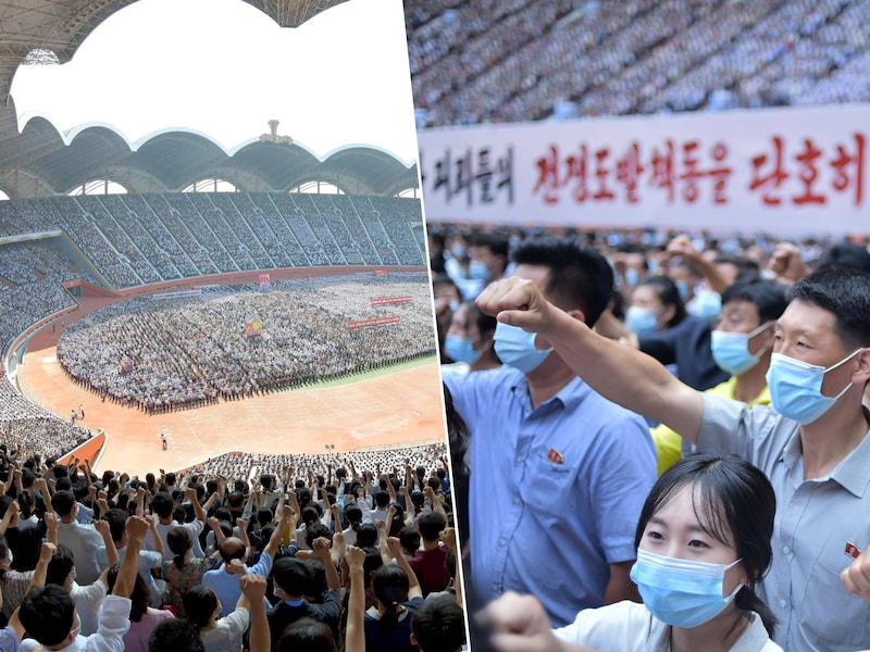 "Laten we de oorlogsprovocatie van de imperialisten en marionetten van de VS neerhalen!", staat te lezen op een van de borden (rechts). De demonstratie vond plaats in het May Day Stadium in de hoofdstad Pyongyang.