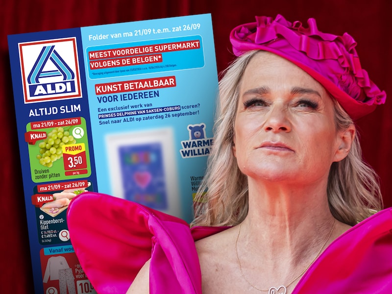 In de Aldi-weekfolder werd een poster, die we voorlopig alleen geblurd kunnen zien, aangekondigd als ‘kunst van prinses Delphine van Saksen-Coburg’. 
