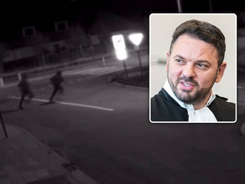 Een camerabeeld na de mislukte home-invasion in Deinze, waarop de overvallers plots wegvluchten. Inzet: Ercan Tok, advocaat van een van de beklaagden.