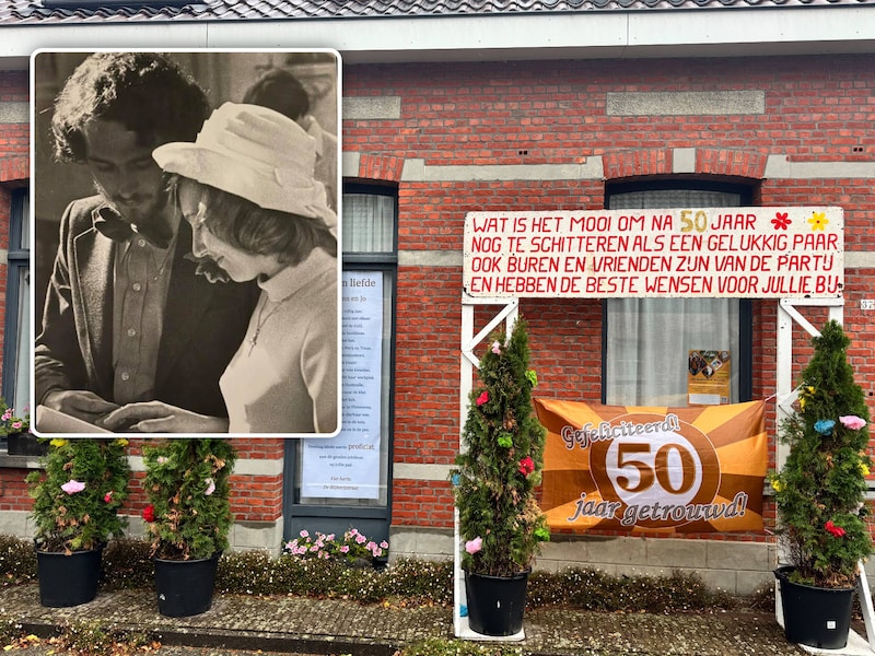 De buren hebben het huis van Ann Van Den Heuvel en Jo Boenders op de Blijkerijstraat in Oostmalle versierd voor hun vijftigste huwelijksverjaardag 