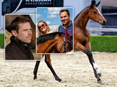 Het veulen van fokkers Jan Caeys, Margot Rulmont en Jonas De Bock (inzet rechts) uit Maarkedal is verkocht voor 52.000 euro. Inzet links: Thomas Tuytens, CEO van Kentucky Horsewear in Ronse, verkocht een veulen van Pladutse Stud uit Oudenaarde voor 23.000 euro.