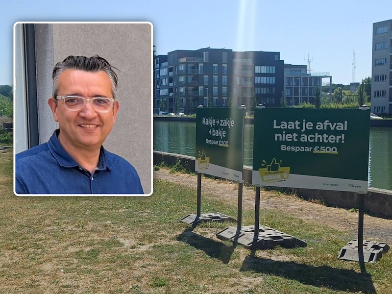 Borden die sluikstorten of het achterlaten van zwerfvuil moeten tegen gaan., Inzet: Schepen van Openbare Werken Bruno Lambert (STiP+), groenschepen Filip Buyse (Vlaams Belang) en burgemeester Kurt Grymonprez (STiP+) aan het stuk Kruisstraat dat vergroend is.