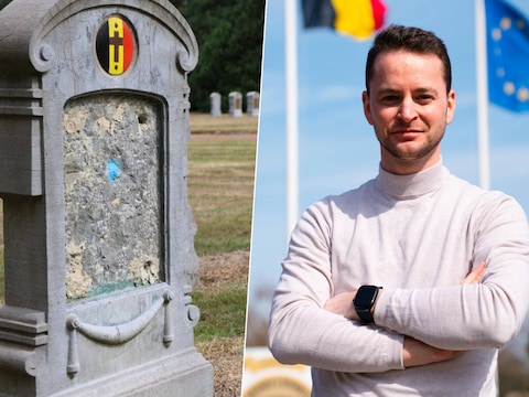Een beschadigde grafzerk op de militaire begraafplaats in Veltem-Beisem, Kamerlid Kjell Vander Elst