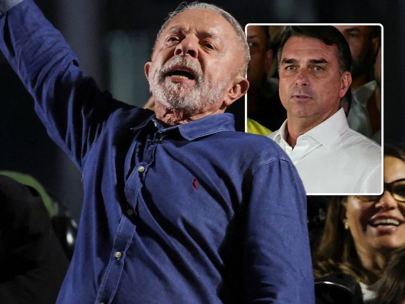 De Braziliaanse president Luiz Inácio Lula da Silva viert zijn overwinning met zijn aanhangers. Inzet: Flávio Bolsonaro