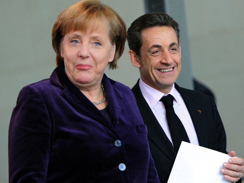 De Duitse bondskanselier Angela Merkel en de Franse president Nicolas Sarkozy.