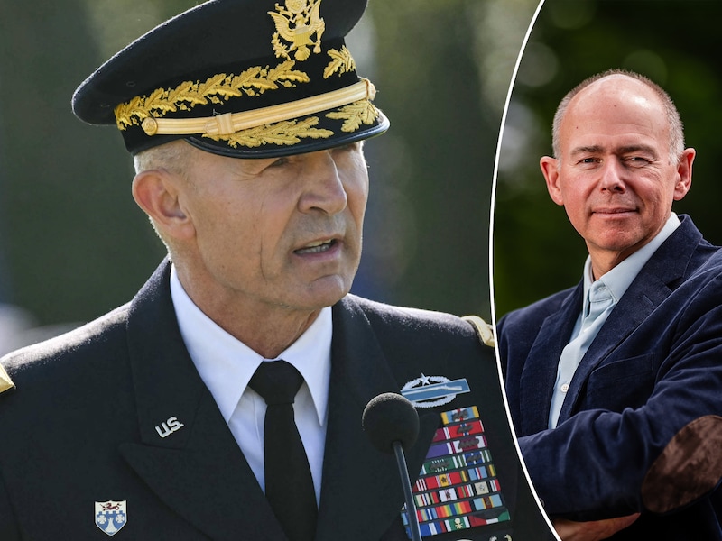 Exit Randy George, stafchef van de Amerikaanse landmacht. Ex-kolonel Roger Housen (r) duikt de wandelgangen van het Pentagon in.