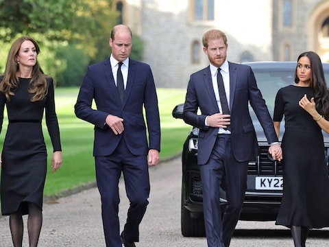 Prinses Kate, prins William, prins Harry en Meghan Markle.