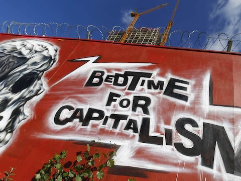 Graffiti voor de bouwwerf van de ECB in Frankfurt.