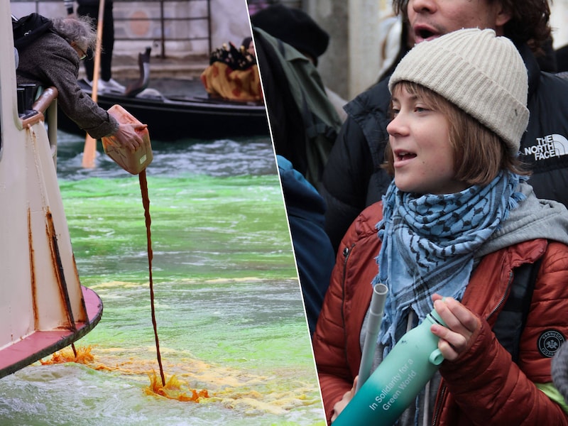Een activist van Extinction Rebellion giet kleurstof in het water in Venetië / Activiste Greta Thunberg tijdens de actie