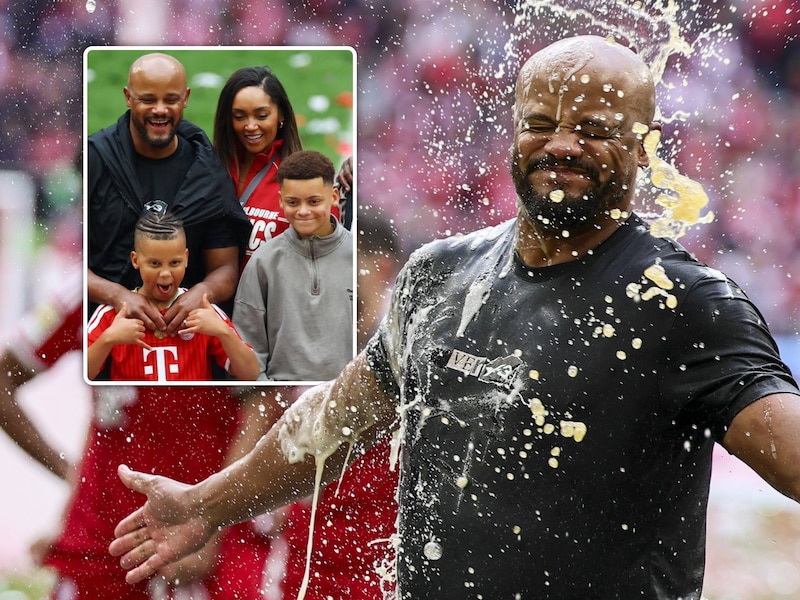 Vieren met de familie en overgoten met bier: Vincent Kompany geniet met volle teugen van titelviering Bayern München