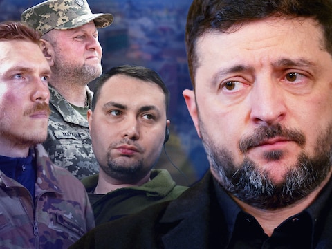 De Oekraïense president Volodymyr Zelensky (rechts) en enkele van zijn mogelijke verkiezingsrivalen.