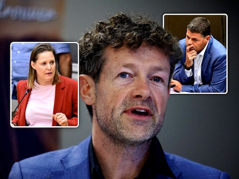 Gewezen VDAB-topman Wim Adriaens. Inzet links: Eva Platteau. Inzet rechts: Tom Ongena.