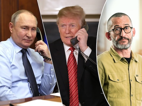 Archiefbeelden van een bellende Vladimir Poetin en Donald Trump. Rechts: onze buitenlandjournalist Guy Van Vlierden