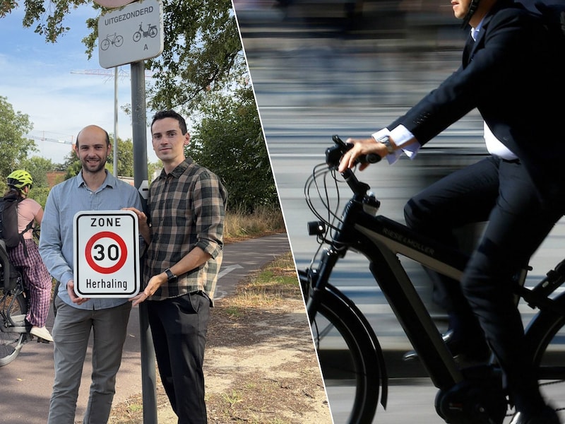 Mortsels burgemeester Michiel Hubeau (links) en mobiliteitsschepen Jitse Born tonen een bordje dat aangeeft dat je op de F1 maximum 30 kilometer per uur mag fietsen.
