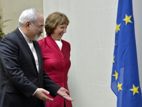 Europees buitenlandminister Catherine Ashton en Iraans minister van Buitenlandse Zaken Javad Zarif.